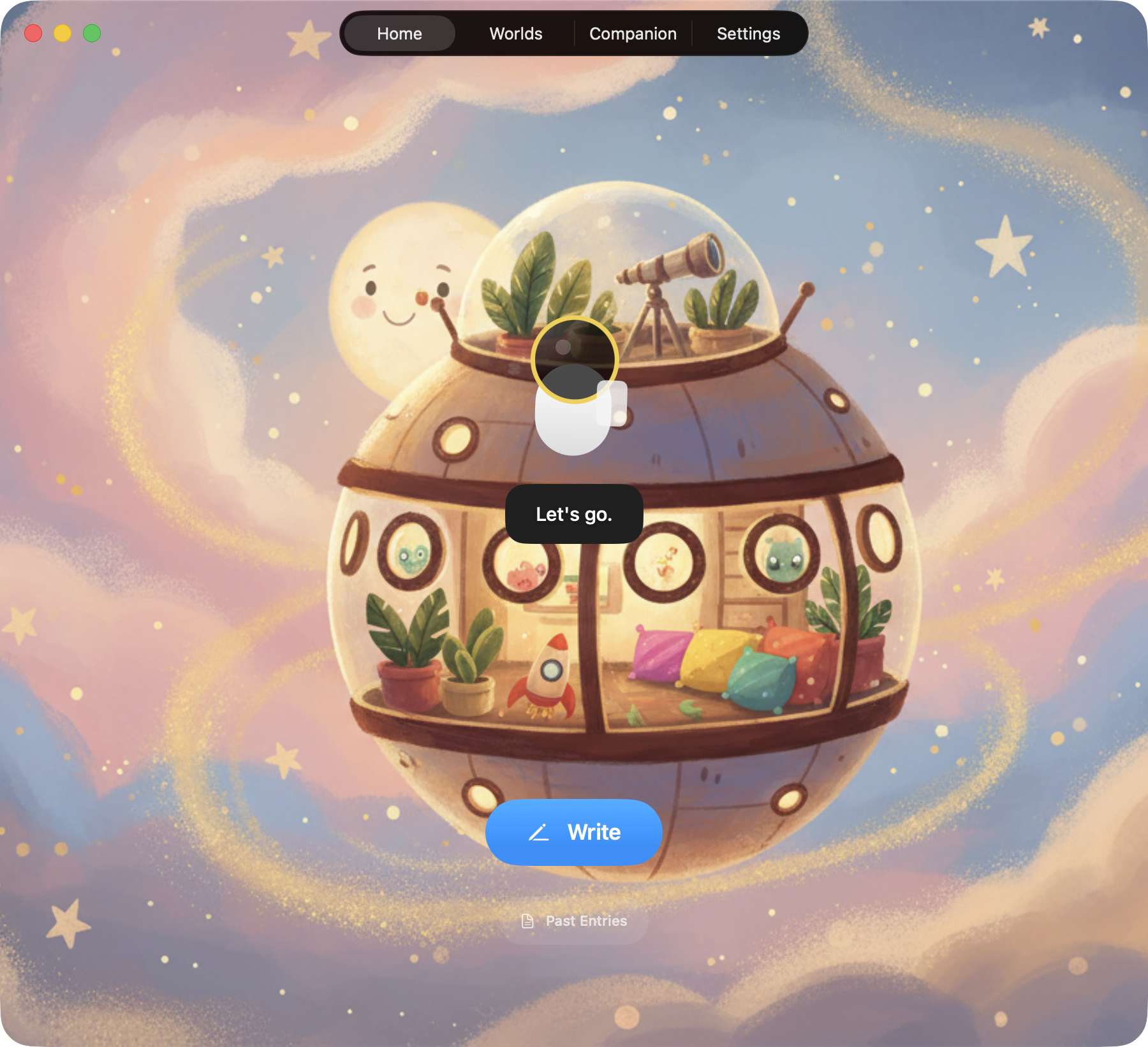 Writernaut Explorer showing Ember the astronaut in a cozy spaceship